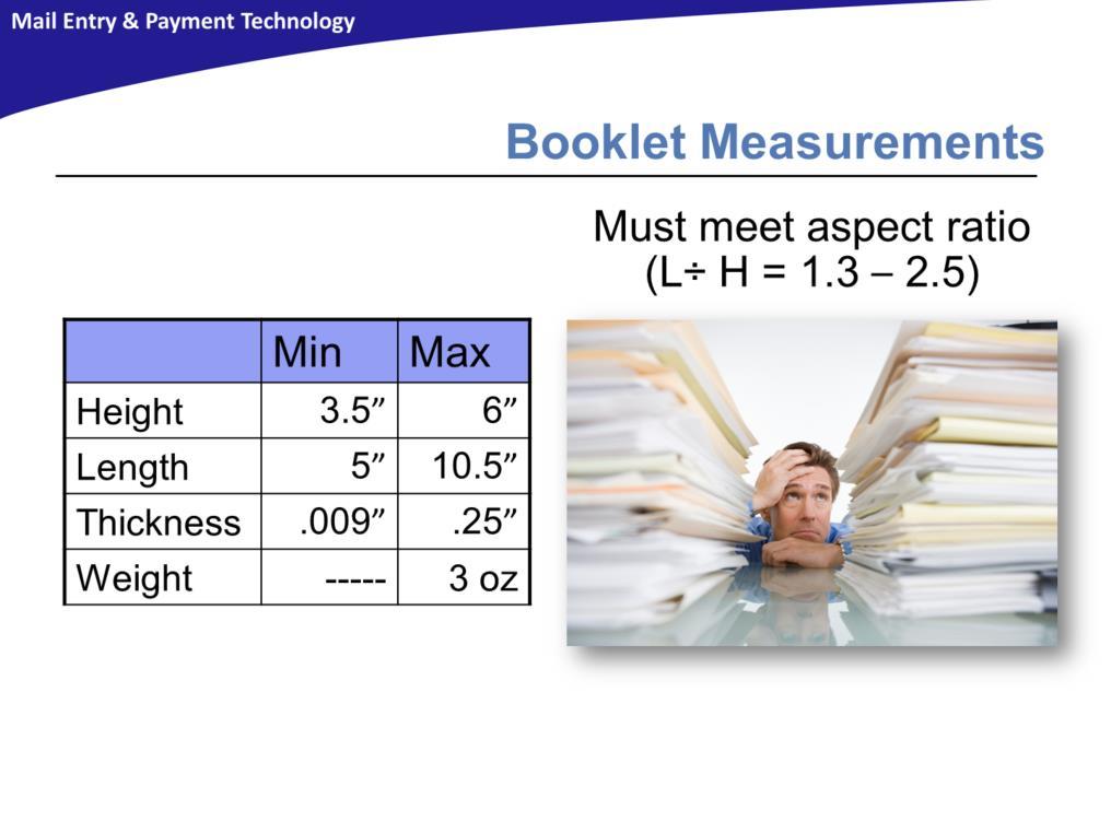 Booklets must meet the requisite aspect ratio and measure at least 3 ½ inches high, 5 inches long, and.