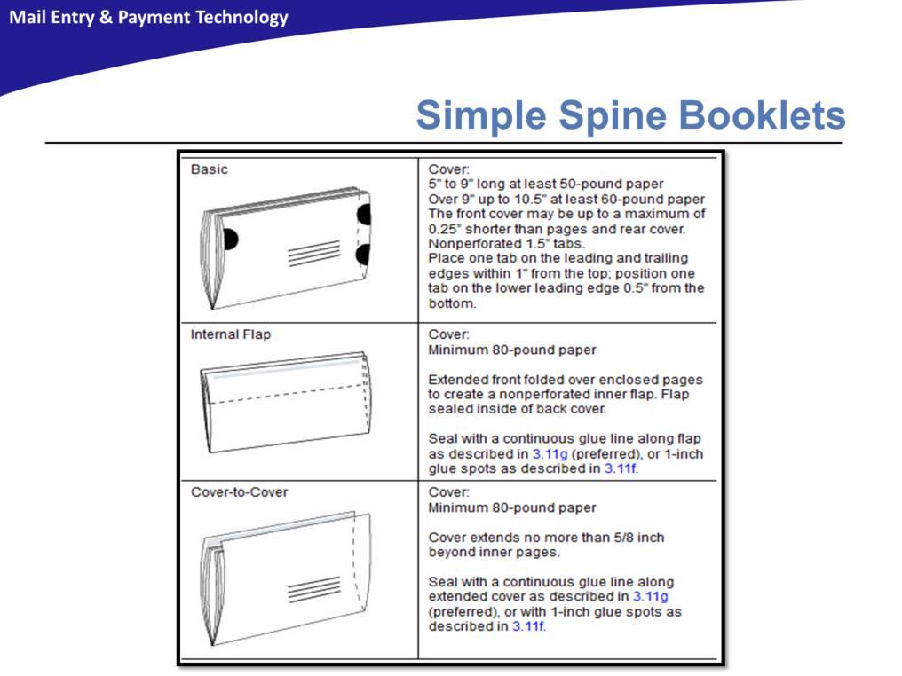 For simple spine booklets, the spine forms the bottom edge of the mailpiece. The length or method used to seal the booklet determines the weight of the paper forming the cover.