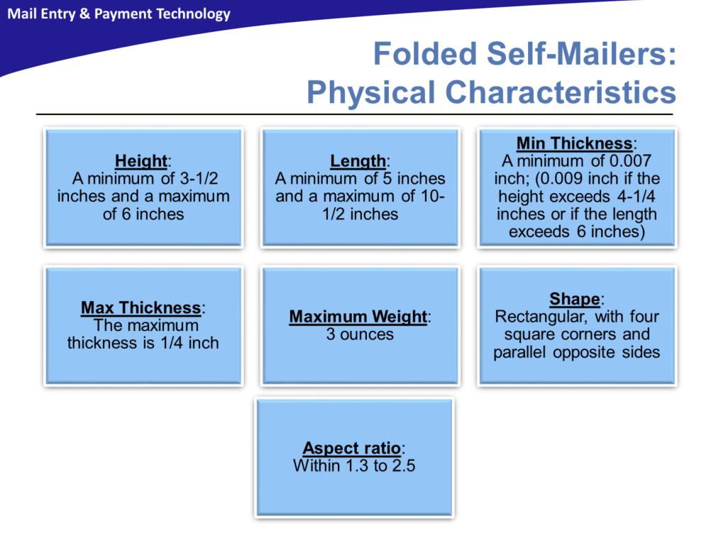 Folded self-mailers have the following characteristics: A height that falls within a minimum of 3-1/2 inches and a maximum of 6 inches.