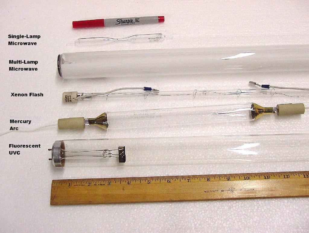 Fig. 8. Photos of typical UV Lamps. References: 1. US Patent 5,931,557. 2. ICETRON, Inductively coupled Electrodeless System. Page 2. Osram Sylvania Product Bulletin FL 021. www.sylvania.com. 3.