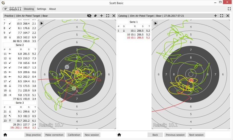 Operating SCATT Additional program features For ease of analysis, the aiming trace is displayed in different colors corresponding to various time intervals: Green - when you start aiming Yellow - one