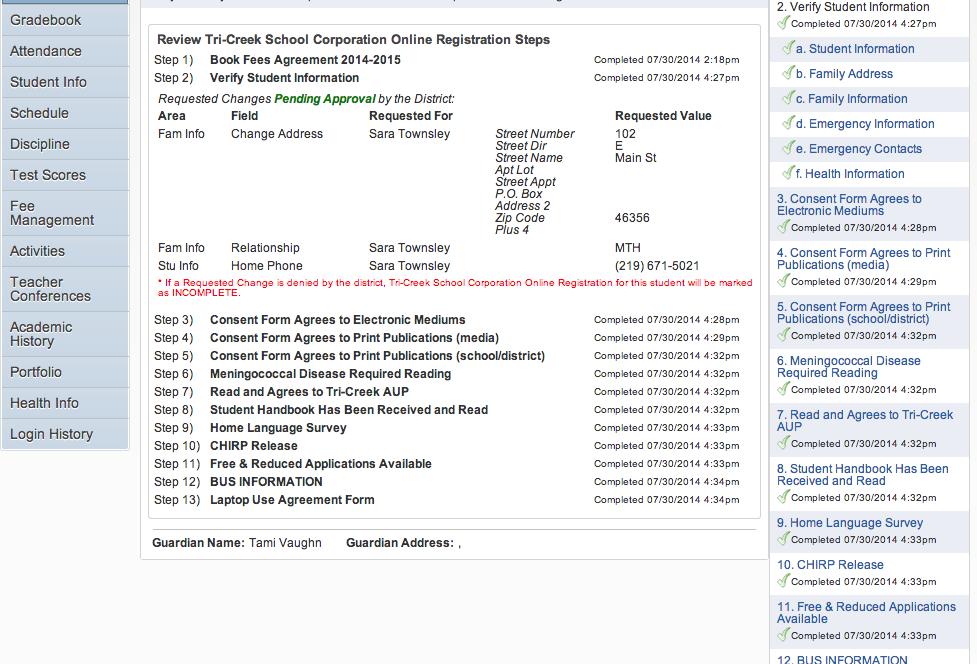 Section 4 - Complete Tri-Creek School Corporation Online Registration - Once you have completed all of the sections listed to the right of the screen and all have checkmarks next to them () you are