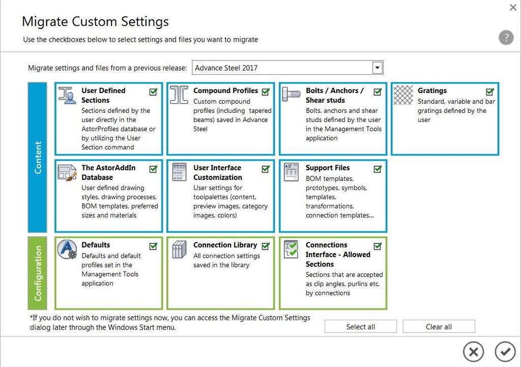 Migrate custom settings tool Modern and informative interface Detects customized settings Choose which ones to migrate Migration summary