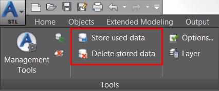 Custom objects stored in the DWG file of the 3D model New Store used data command Store custom properties Custom user sections Custom materials Delete stored data