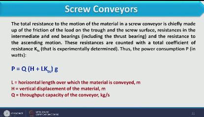 (Refer Slide Time: 24:32) Further if we need to calculate power consumption in a screw conveyer we have to see what are the resistance offered while moving the material from one place to another