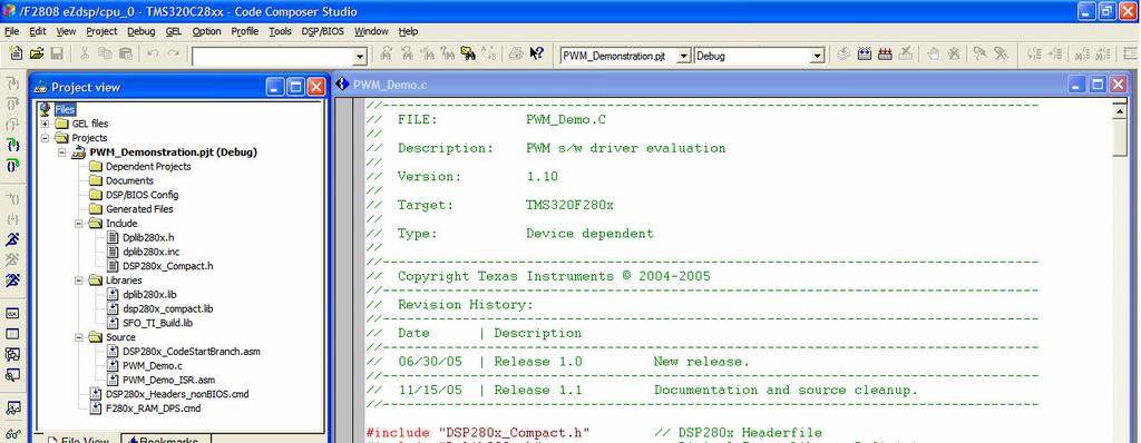 Figure 4. CCS workspace screen capture from the PWM_Demo example. 3. Open the PWM_Demo.c file. Set the example build to be built to Build 1A.