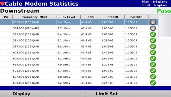 address, IP address, subnet, gateway, and DNS information for the cable modem network connection The Cable Modem Statistics view
