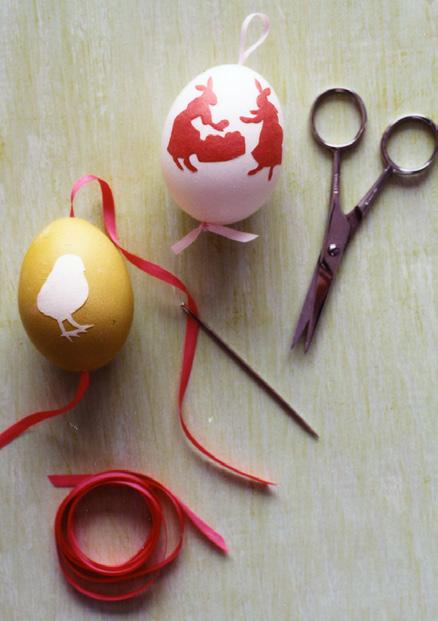 Egg templates Paper (in a solid color, no thicker than construction paper Transfer paper Ballpoint pen Small scissors Decoupage glue Gel-ink pen 1/8-inch-wide silk ribbon Sewing needle 1.
