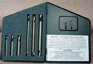 A selection of the most popular sizes of spotweld drills in an attractive, rugged black steel case.