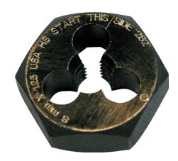 These dies are used for threading rods, bolts, studs and other pieces requiring external threads. The outside hex configuration allows both wrench and die stock use in threading.