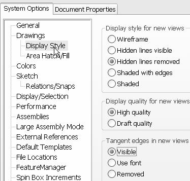 Tangent edges are displayed either in: Visible, With Font or Removed mode. Note: System default is Tangent Edges Visible. Display hidden lines, profile lines and tangent edges in various view modes.