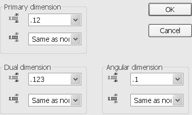 The Tolerance button displays the Dimension Tolerance options. The Tolerance type is None by default. Control Tolerance type on individual dimensions.