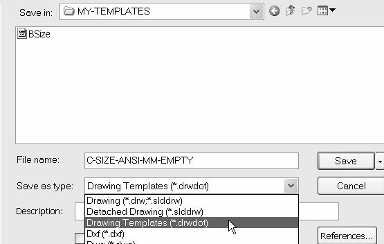 Save As The File, SaveAs option provides the ability to save documents with various file types. Drawing Template (.drwdot). The current document is a drawing named Draw1.slddrw.
