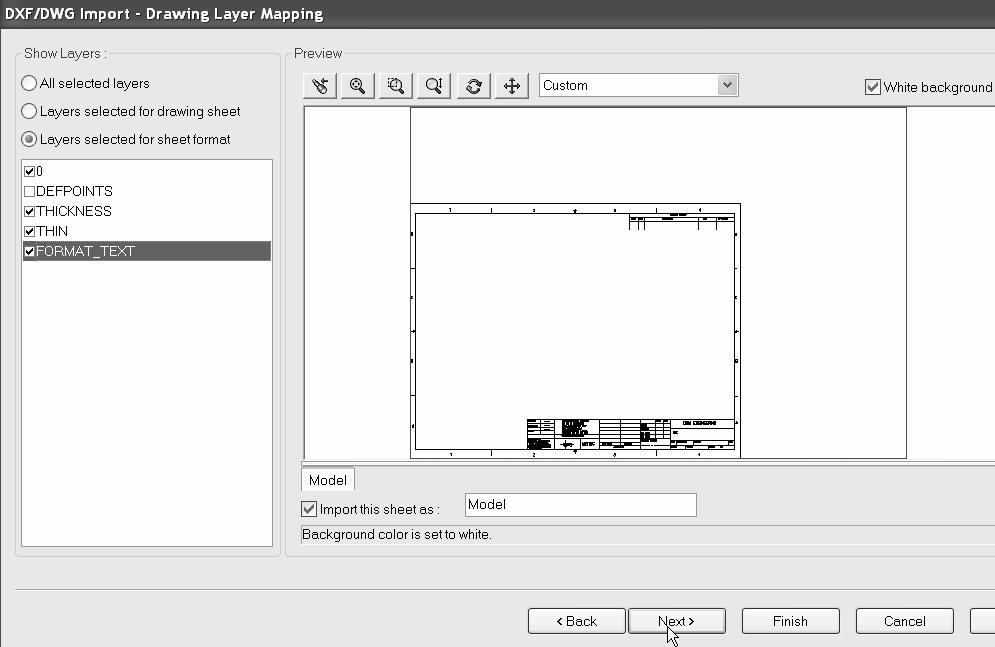 A DXF/ DWG Import dialogue box appears. 145) Click Next.