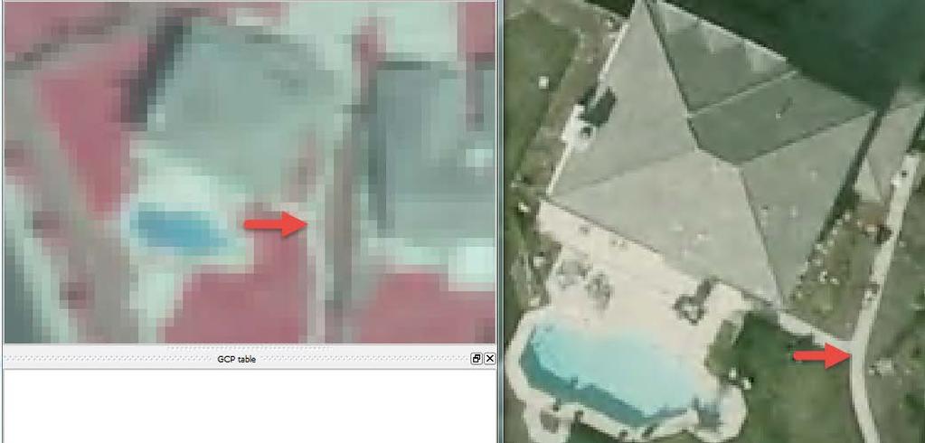 Find a common reference point in both images. Figure 7 shows an acceptable common reference point where a sidewalk forks in the backyard of a house with a pool. a. Note: YTou will likely need to zoom very close to the feature found in each feature.