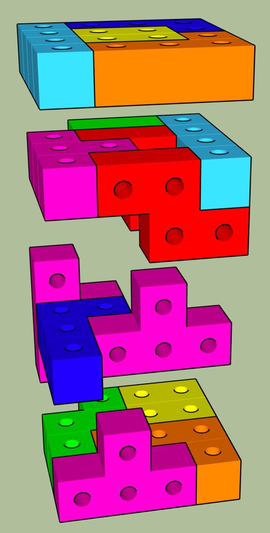 Packaged Delivery Cube: The Package Delivery Cube is built using 16 tetracubes 2 base sets plus 4 purple T shaped tetracubes.