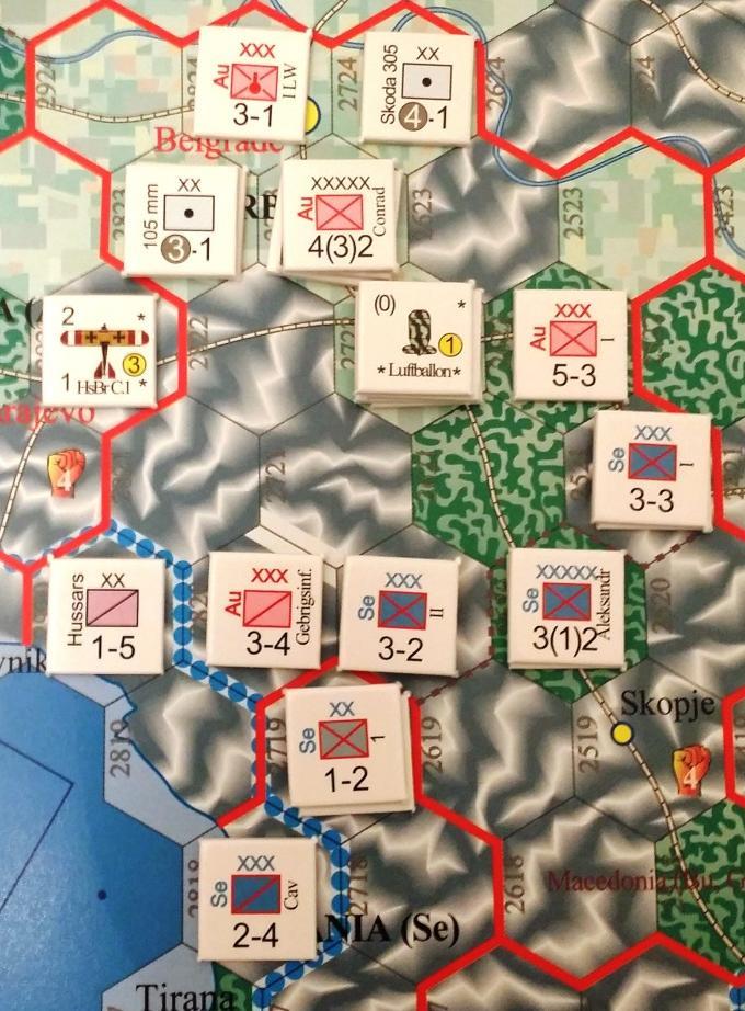 For minors, current-year (1914 in this case) units and reserves set up to arrive as reinforcements next turn, and MIL units are added to the force pool (which is shared with the Russians, but only if