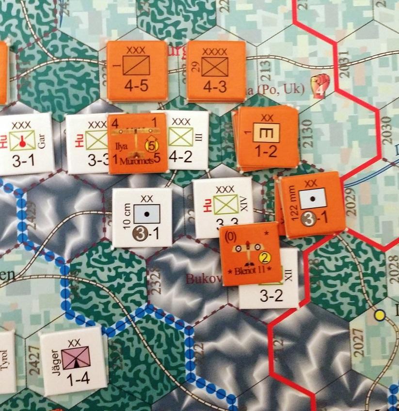 can move 2 mountain hexes (2 movement points each), and the 1-4 mountain division could move into the mountain (2 movement points), and then the clear hex, and then forest next to the Serbian HQ.
