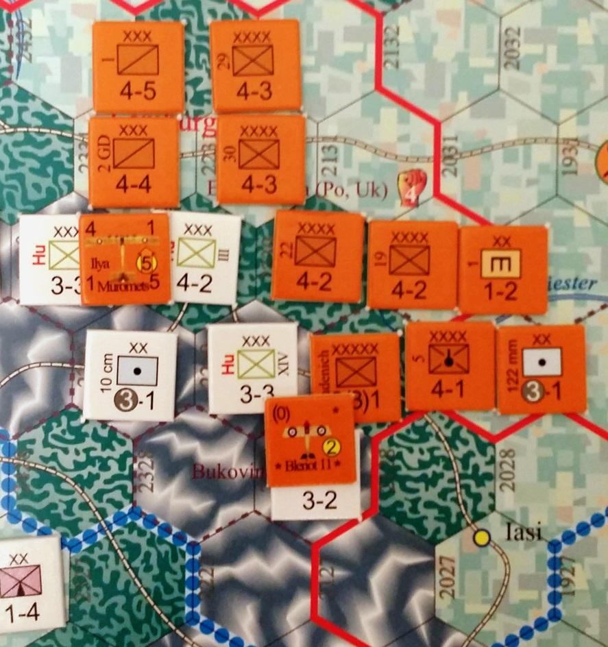 On the Northern attack on the 4-2 INF, the Russians have 4+4+4+4 = 16 factors, against the Austrian 4 factors on defense (16/4 = 4:1).