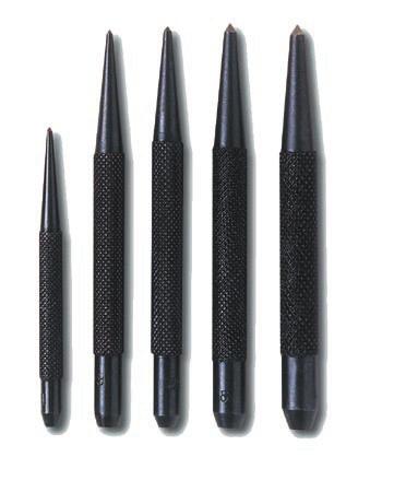 Made of hardened and tempered tool steel with ground points. es have knurled grip. Set consists of 1 each of 5 punches in plastic pouch.