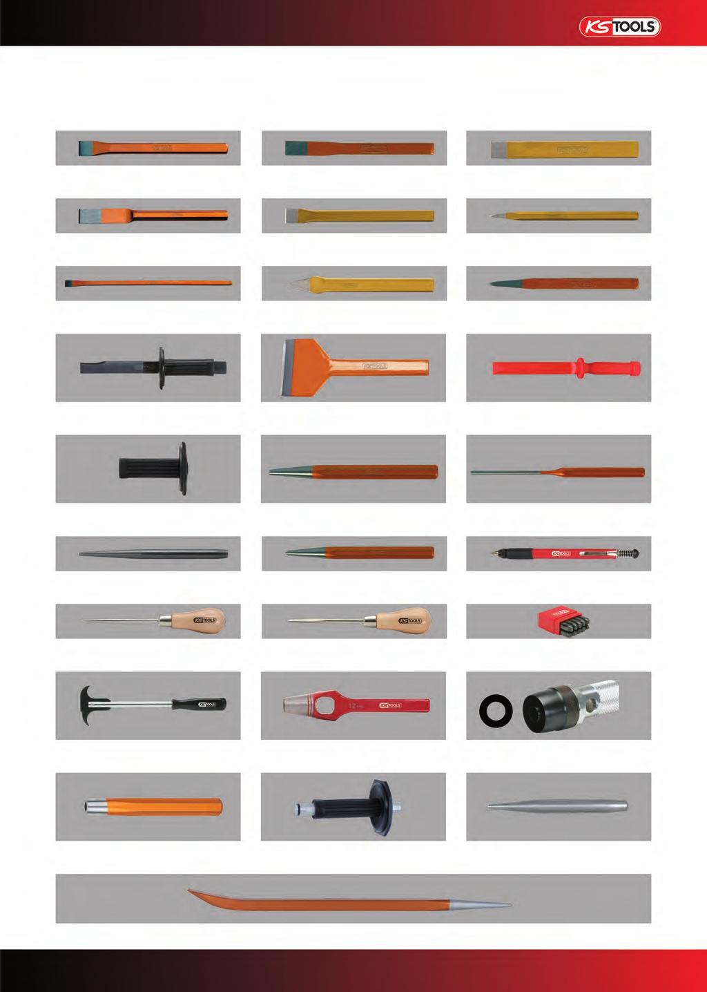 Chisel and punch lines Flat chisel Tilers flat chise Slitting chisel Jointing chisel Bricklayers chisel Pointed chisel Electrians chisel Cross chisel Tilers pointed chisel Bodywork slitting chisel