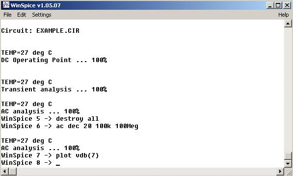 WinSpice Tutorial 7 Figure 8 WinSpice window after typing in a sequence of three commands.