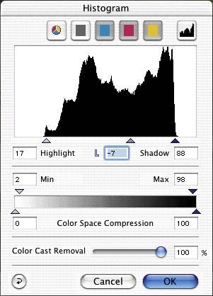 At using the Image auto-adjust the triangles for highlight and shadow are placed automatically in the histogram as set in these defaults.