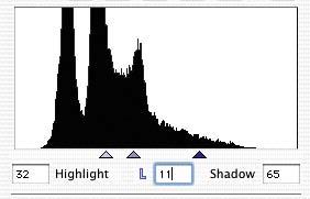 An alteration factor of 50 effects a defined skip of the position of highlight and shadow triangle within the histogram.