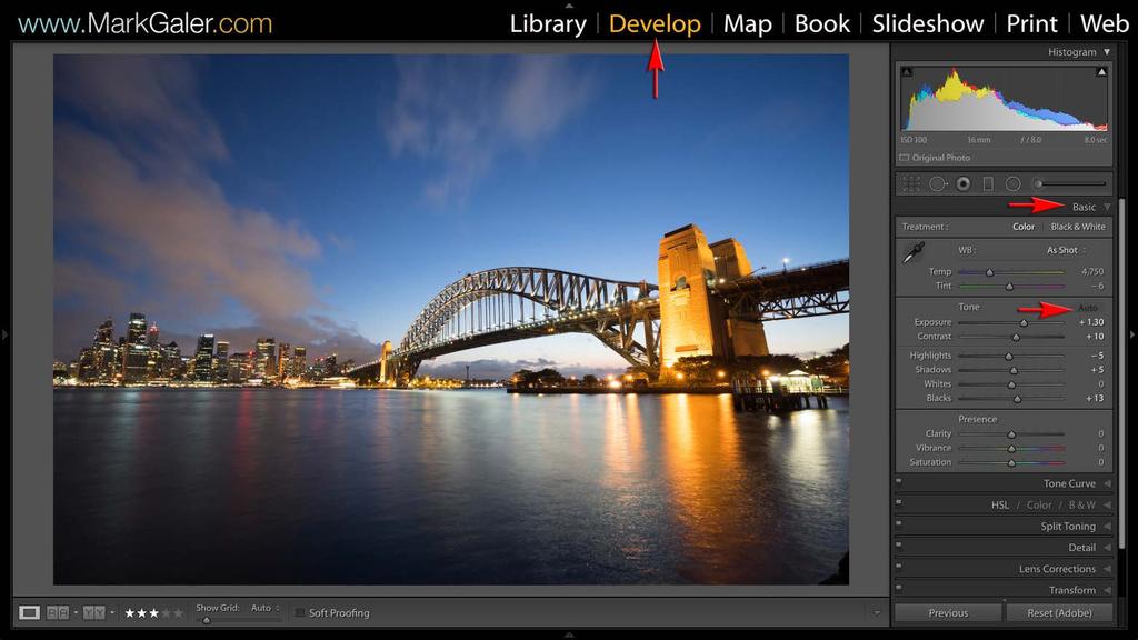 Step 1: Auto Tone Select Auto from the top of the Basic panel to correct the underexposed areas of this image.