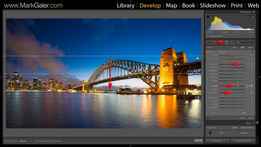 Step 5: Graduated Filter Click on the Graduated Filter icon below the histogram. Double click on the word Effect to zero all sliders.