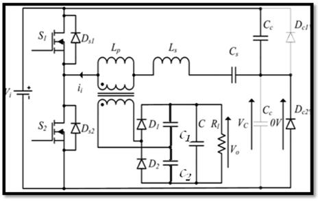 Fig. 3. c) when switch S 2 is on When S 2 is kept under on condition, the DC source enters the circuit, the current moves in anticlockwise direction over the half bridge rectifier.