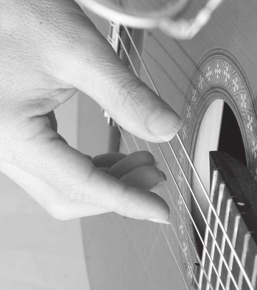 Begin with rest strokes. In a rest stroke, the finger snaps quickly through the string and rests against the string below. Follow the steps carefully. 1) Prepare i on the B string.