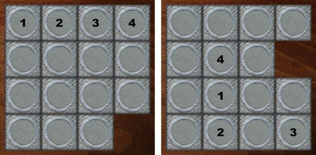 3 Fig. 6: Stage 1 of the 15-puzzle in its solved configuration (left) and a random configuration (right). place.