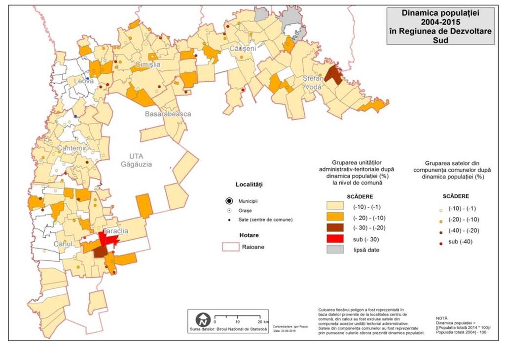 Figura 1. Dinamica populaţiei în R.D. Sud, la nivelul unităţilor administrativ-teritoriale primare, care au înregistrat un declin al populaţiei * procesarea cartografică a fost realizată de drd.