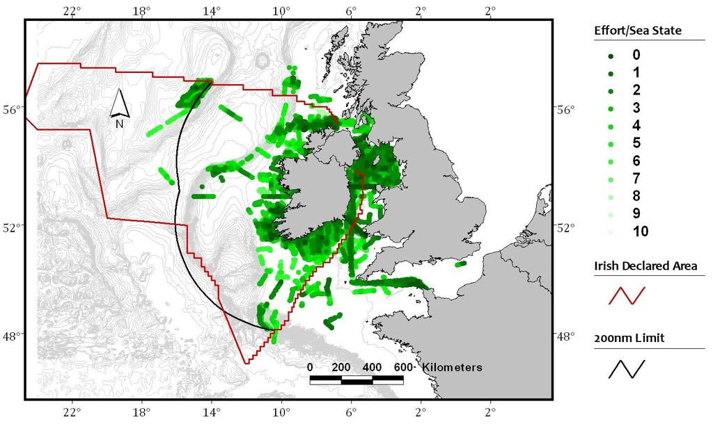 2.2. Survey coverage 2.2.1. Geographic Survey Coverage. Survey coverage was predominantly over Irish shelf waters, with a small amount of coverage over the Rockall Trough and Rockall Bank (figure 3).
