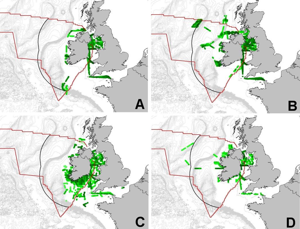 Figure 4. Survey effort logged from July 2001 to September 2009 in spring (A), summer (B), autumn (C) and winter (D). Each dot represents an environmental record station (c15-20mins of survey effort).