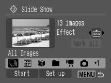 137 2 Select a playback method. 1. Press the button. 2. Use the or button to select the slide show type.,, : Press the FUNC./SET button to select a date, category or folder to be played back (p. 139).