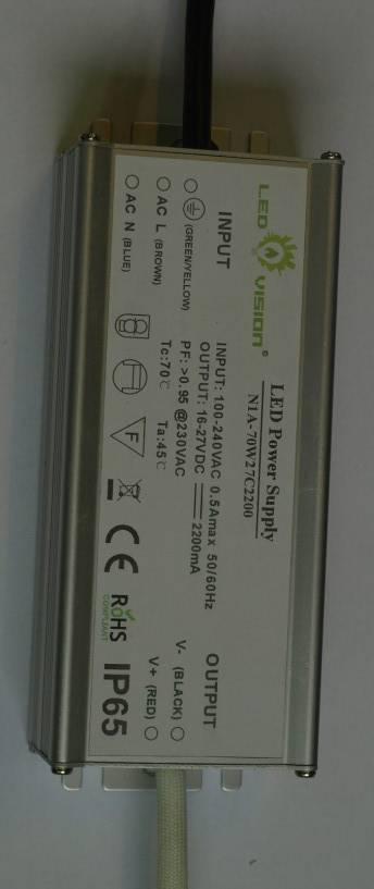 N1A-70W27C2300 series Feature: Universal Input range from 100V-240V.(Optional 277V for North American). Constant current output for hight power LED light.