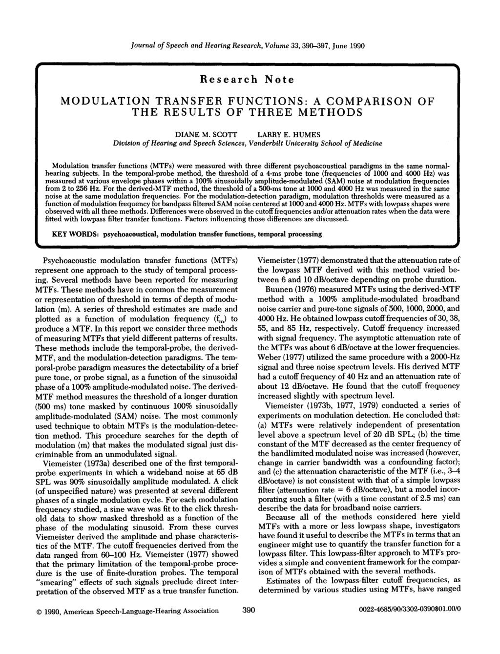 Journal of Speech and Hearing Research, Volume 33, 390-397, June 1990 Research Note MODULATION TRANSFER FUNCTIONS: A COMPARISON OF THE RESULTS OF THREE METHODS DIANE M. SCOTT LARRY E.