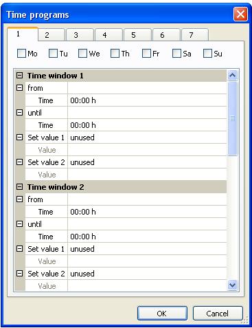 Time switch Time program sub-menu View with two set values, without input variables Up to 7 time programs, each with 5 time windows, are available for selection for the