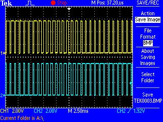 The next screenshot shows both the PWM for the upper transistor (channel1) and the PWM for the bottom one