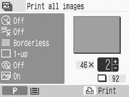 1 Turn the printer on, and insert the memory card into the appropriate memory card slot (p. 31). 2 Press, select [Print All Images] with or and press.