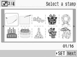 Creative Print 3 Press,, or to select the desired clip art stamp and press. 4 Press,, or to place the clip art stamps where you wish and press. 5 Press or to select an item and press.