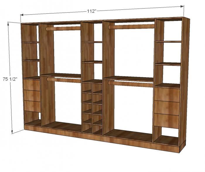 Dimensions: 16" deep x 75 1/2" tall - customizable width Materials and ToolsShopping List: 3/4" plywood or MDF cut into 15 3/4" wide strips, 8 feet long (referred to as 1x16 boards) 1 1/4" Wood