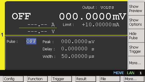 Configure the pulse condition 1) Press to edit the Source function, and then select to set the Source function to Voltage source.