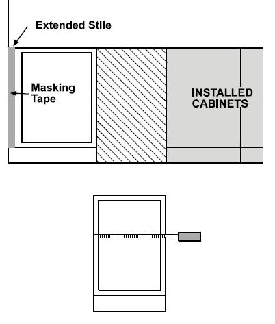 4. Then measure the width of the second cabinet (the one you set temporarily aside). The opening should be slightly less that the width of the second cabinet from the end. (See Figure 21) 5.