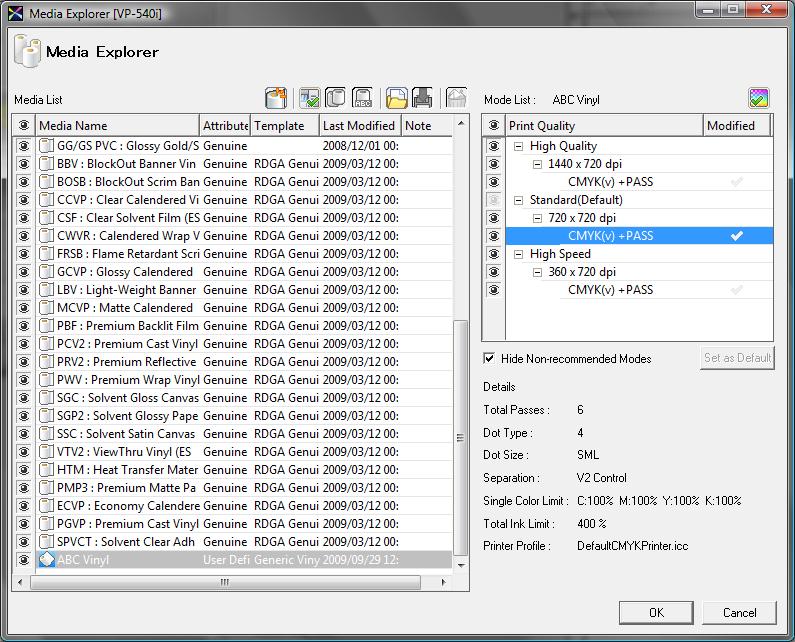 1. Setting the Quality Settings for the Print Mode Follow the steps below to start the profiling process. A. Select the print mode in [Mode List] section of Media Explorer. B.