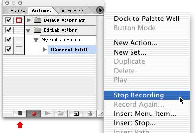 Stop Recording Stop recording the action by selecting "Stop Recording" from the Action palette menu: Playing An EditLab Action 1.