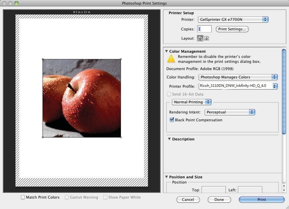 Ricoh SG 30DN - MacProfi le Setup and Printing from Photoshop with the Ricoh SG 30DN 6.) With the correct color settings entered, you are now ready to print. In the menu bar, click File > Print.