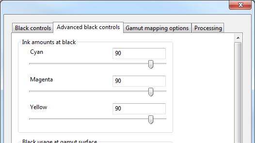 Advanced black controls Ink amounts at black The ink-amount-at-black control sets the